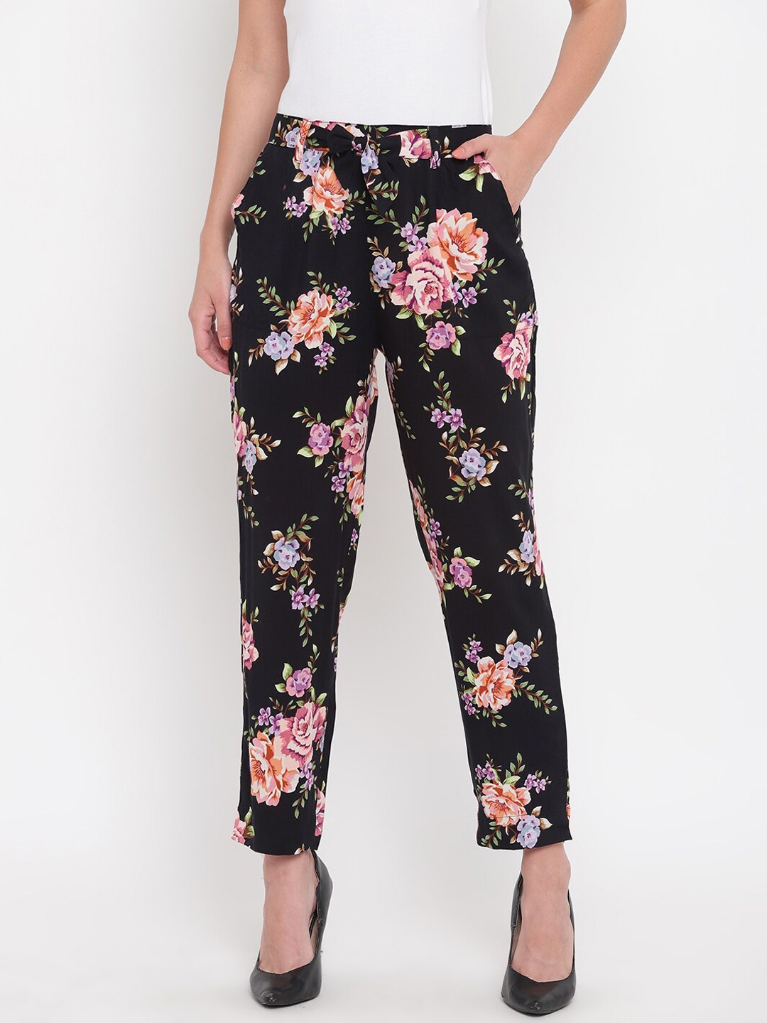 

Aawari Women Black Floral Printed High-Rise Trousers
