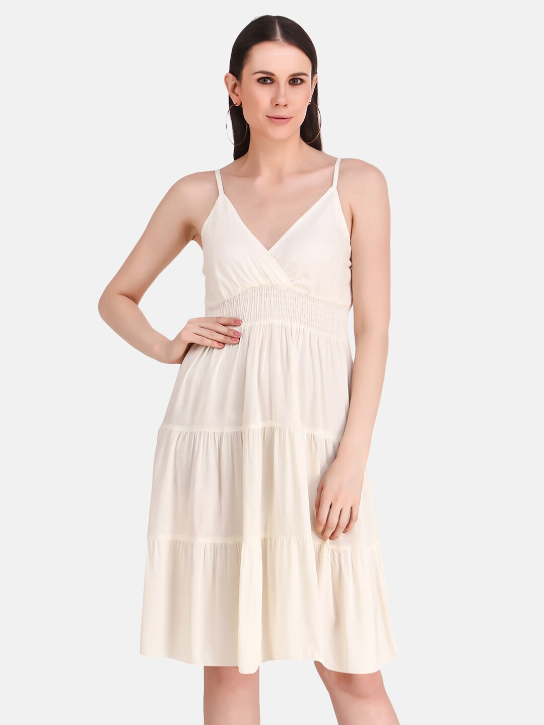 

Aawari Women Off White Solid Shoulder Straps Fit and Flare Dress