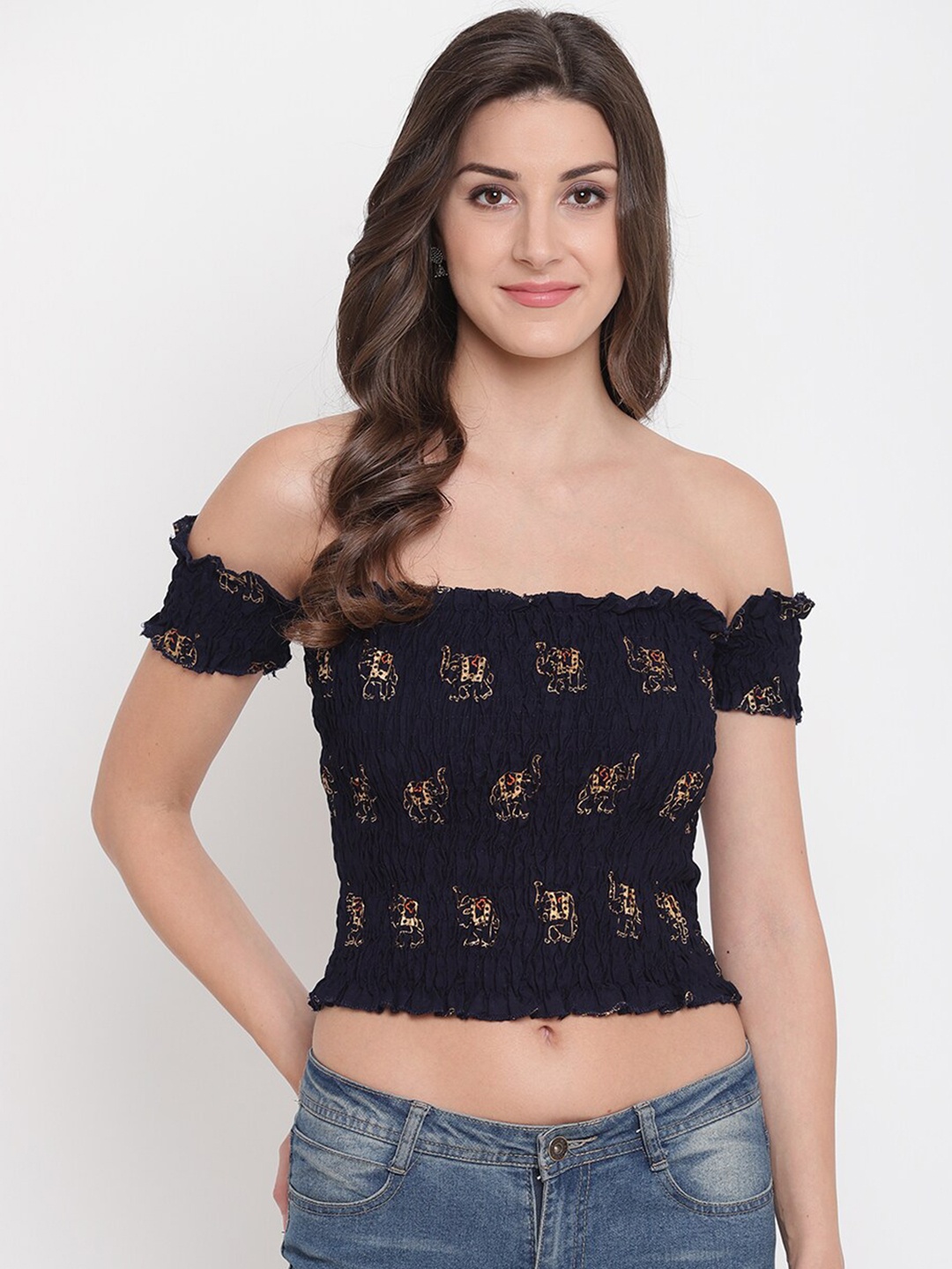 

Aawari Black & Gold-Toned Printed Off-Shoulder Smocked Bardot Crop Top