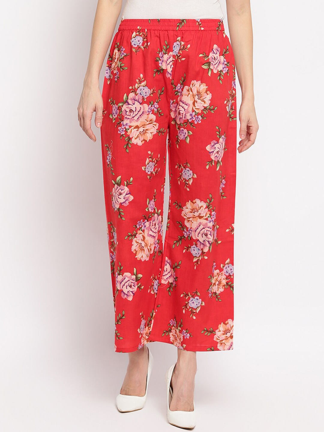

Aawari Women Red Floral Printed High-Rise Parellel Trousers
