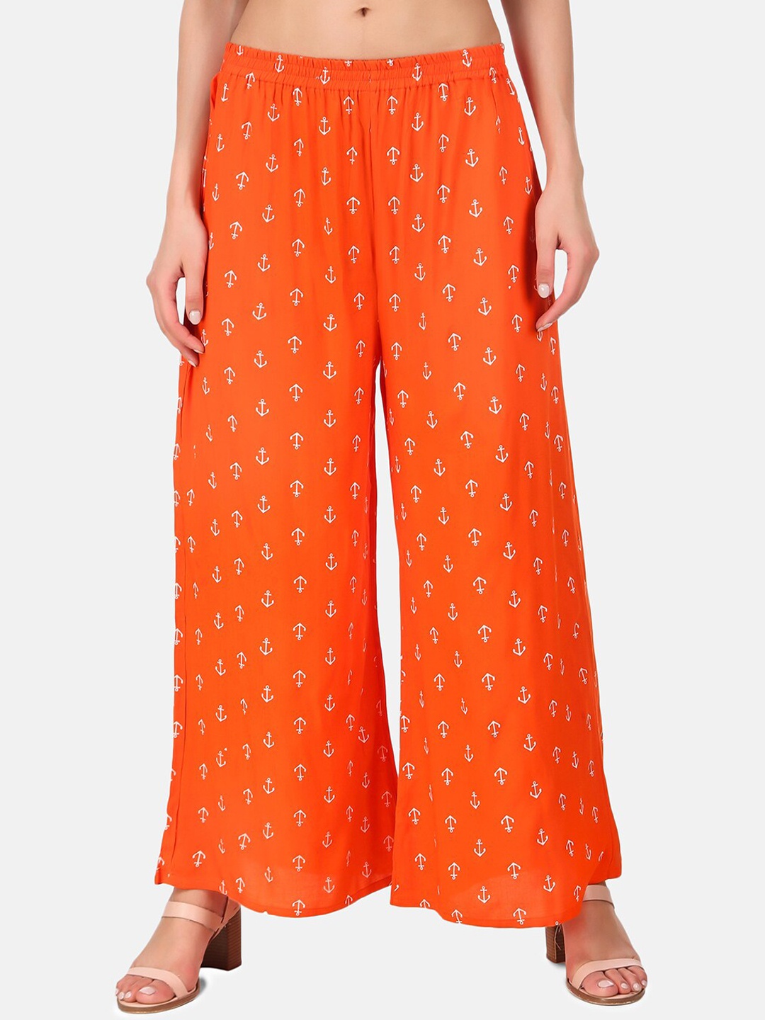 

Aawari Women Orange Ethnic Motifs Printed High-Rise Pleated Trousers