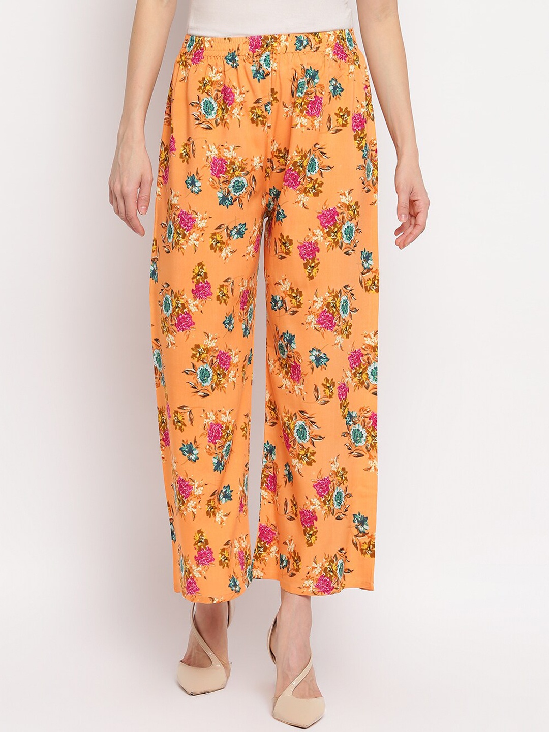 

Aawari Women Mustard Yellow Floral Printed High-Rise Pleated Trousers