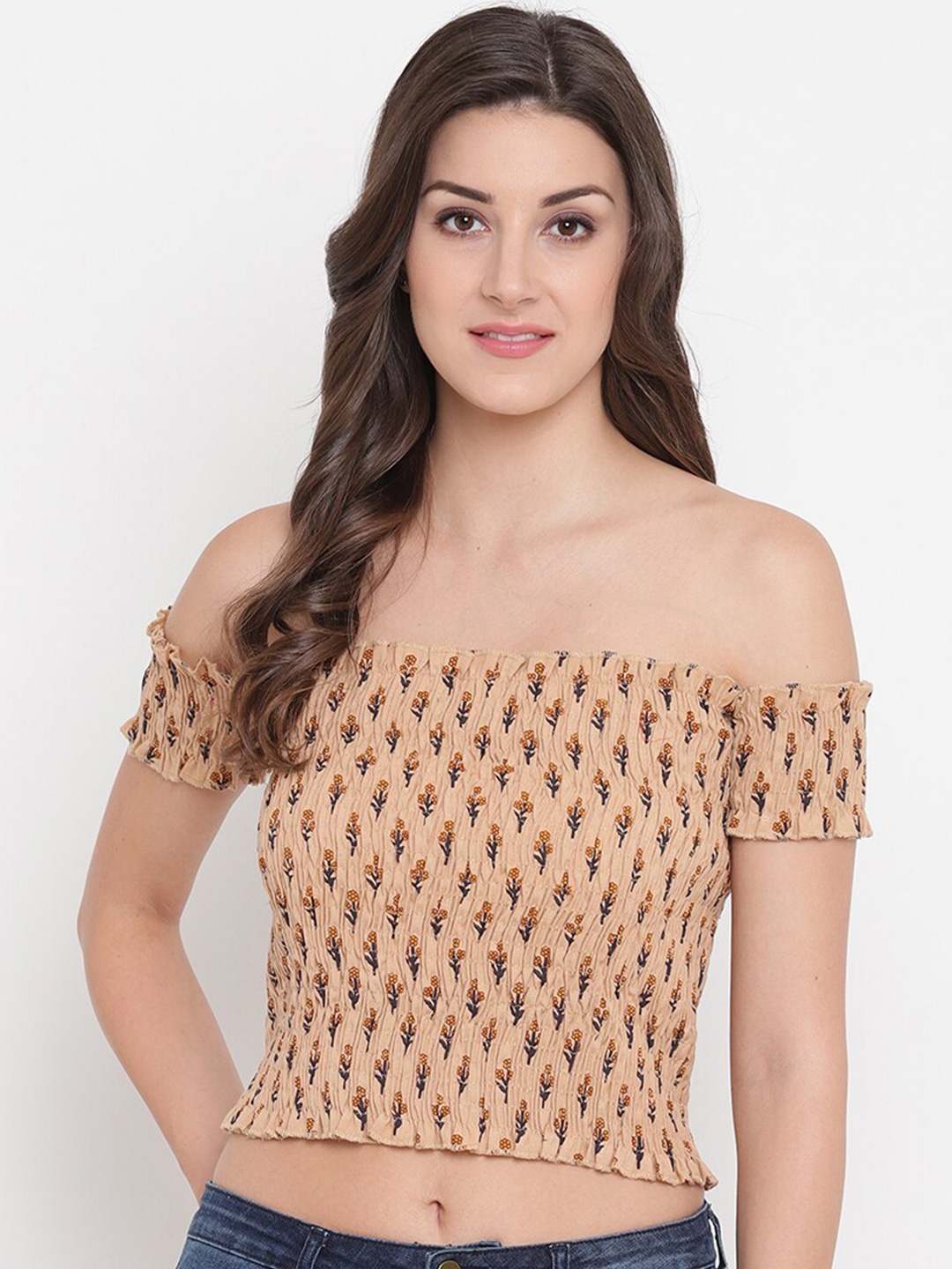 

Aawari Women Beige Floral Print Off-Shoulder Bardot Crop Top