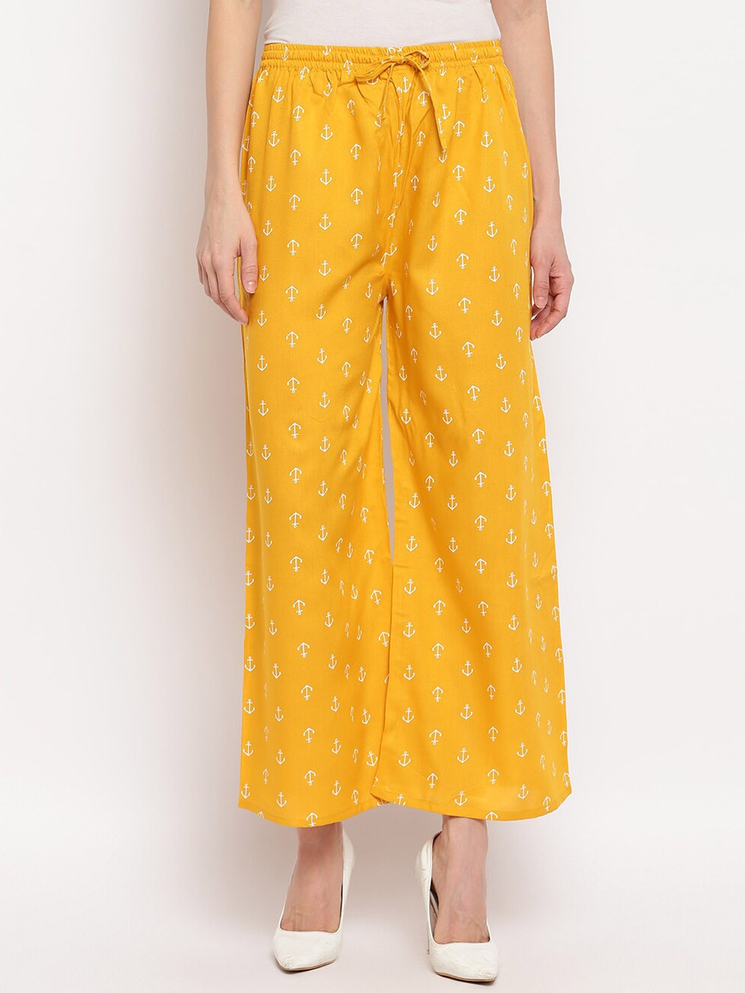 

Aawari Women Yellow Printed High-Rise Pleated Parallel Trousers