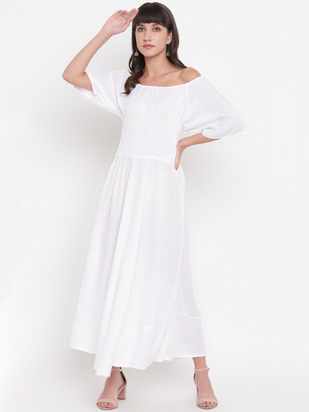 

Aawari Women White Off-Shoulder Smocked Maxi Dress