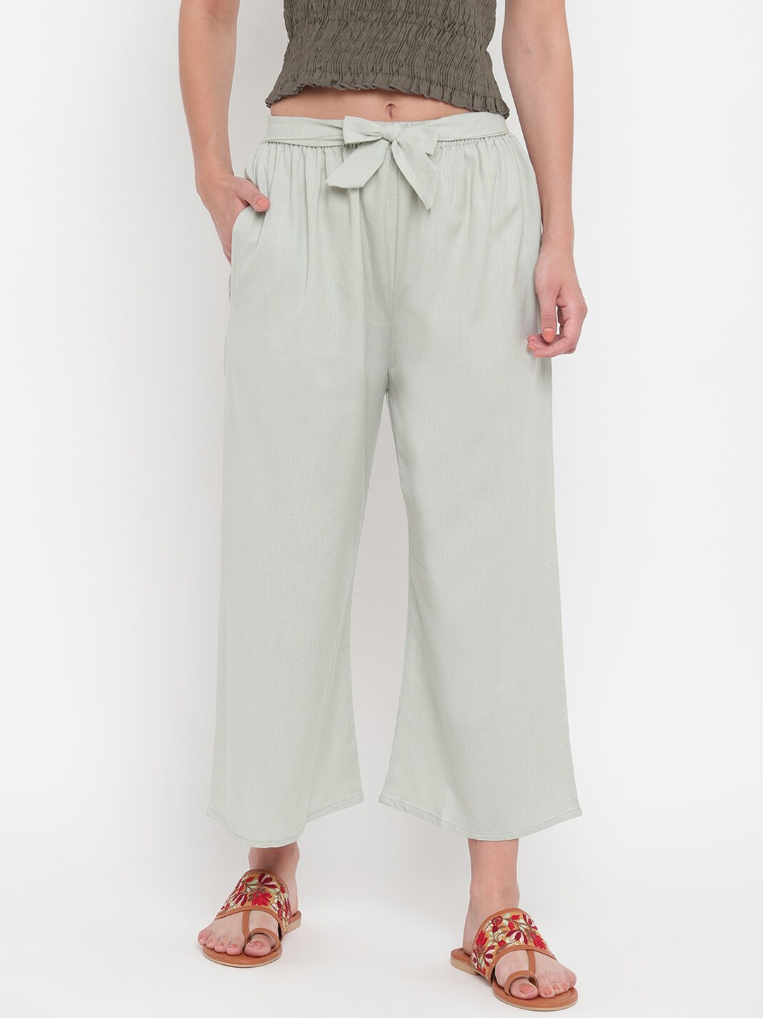 

Aawari Women Green Cotton High-Rise Pleated Parallel Trousers