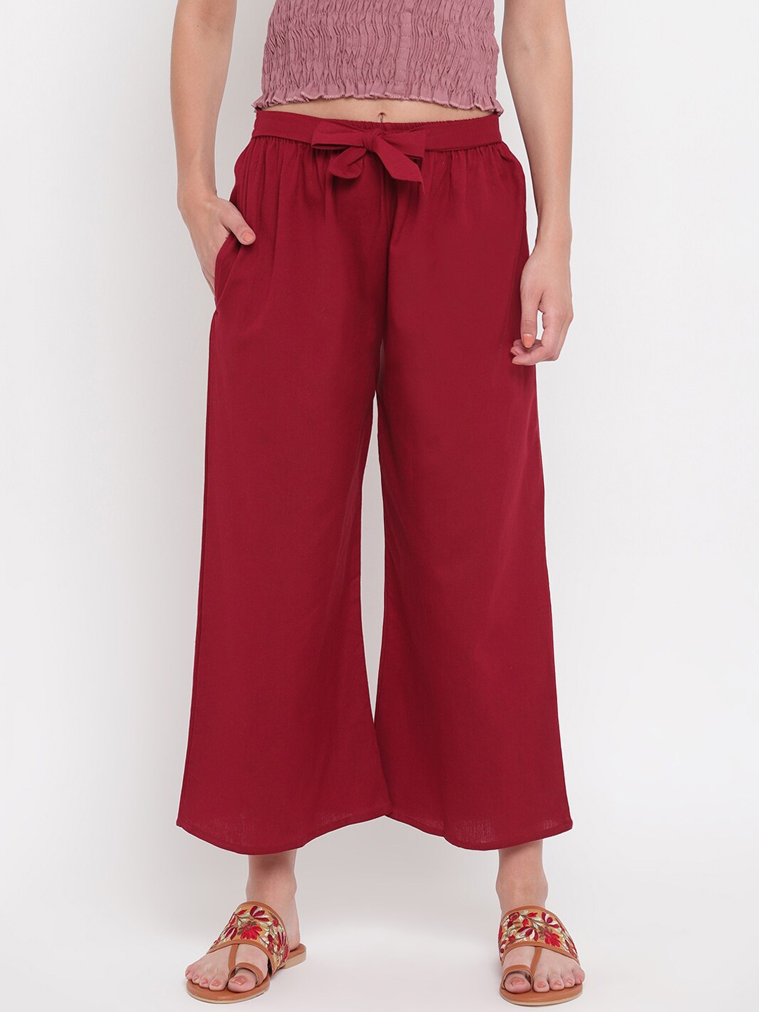 

Aawari Women Maroon Cotton High-Rise Pleated Parallel Trousers