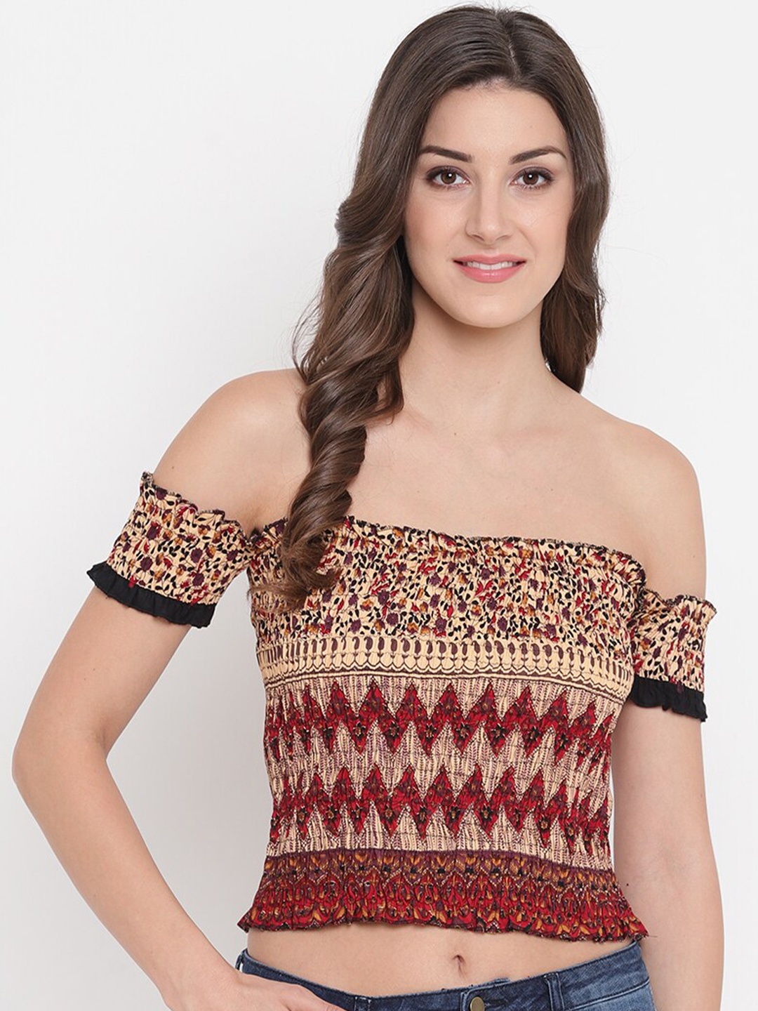 

Aawari Women Beige & Maroon Tribal Print Off-Shoulder Bardot Crop Top
