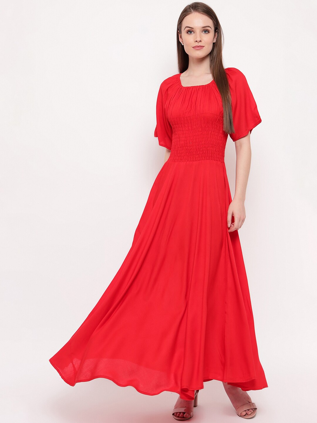 

Aawari Women Red Solid Smocked Gown Dress