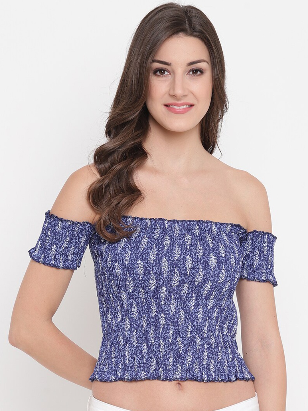 

Aawari Women Blue Floral Print Off-Shoulder Bardot Crop Top
