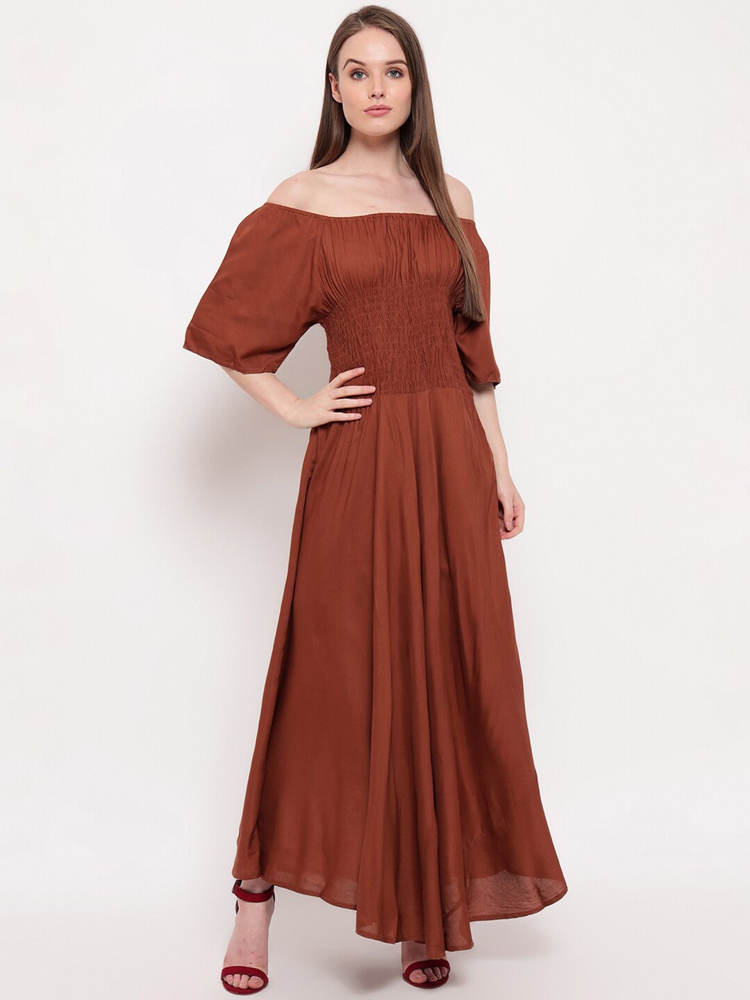 

Aawari Women Coffee Brown Off-Shoulder Gown Dress