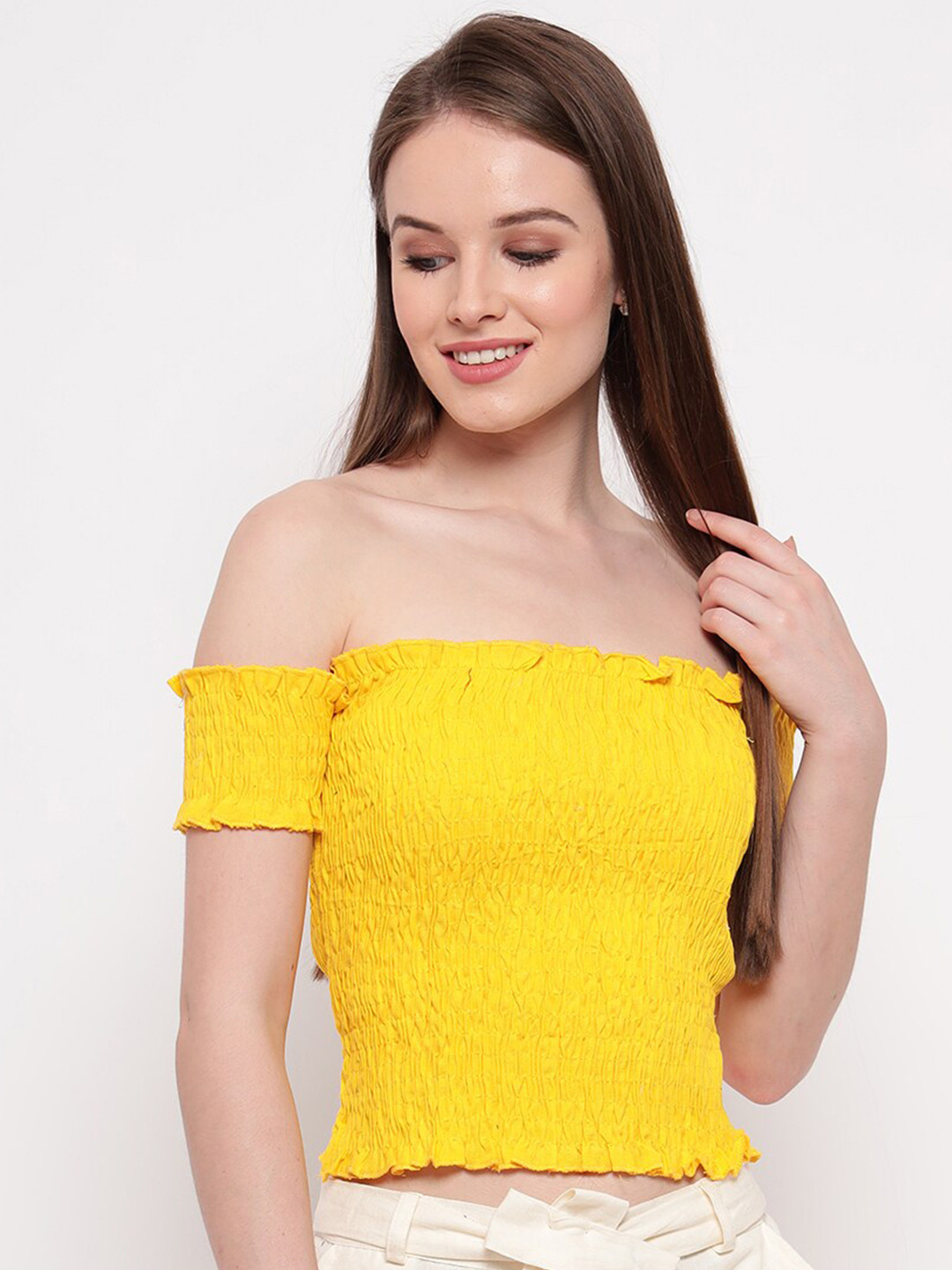 

Aawari Women Yellow Off-Shoulder Bardot Crop Top
