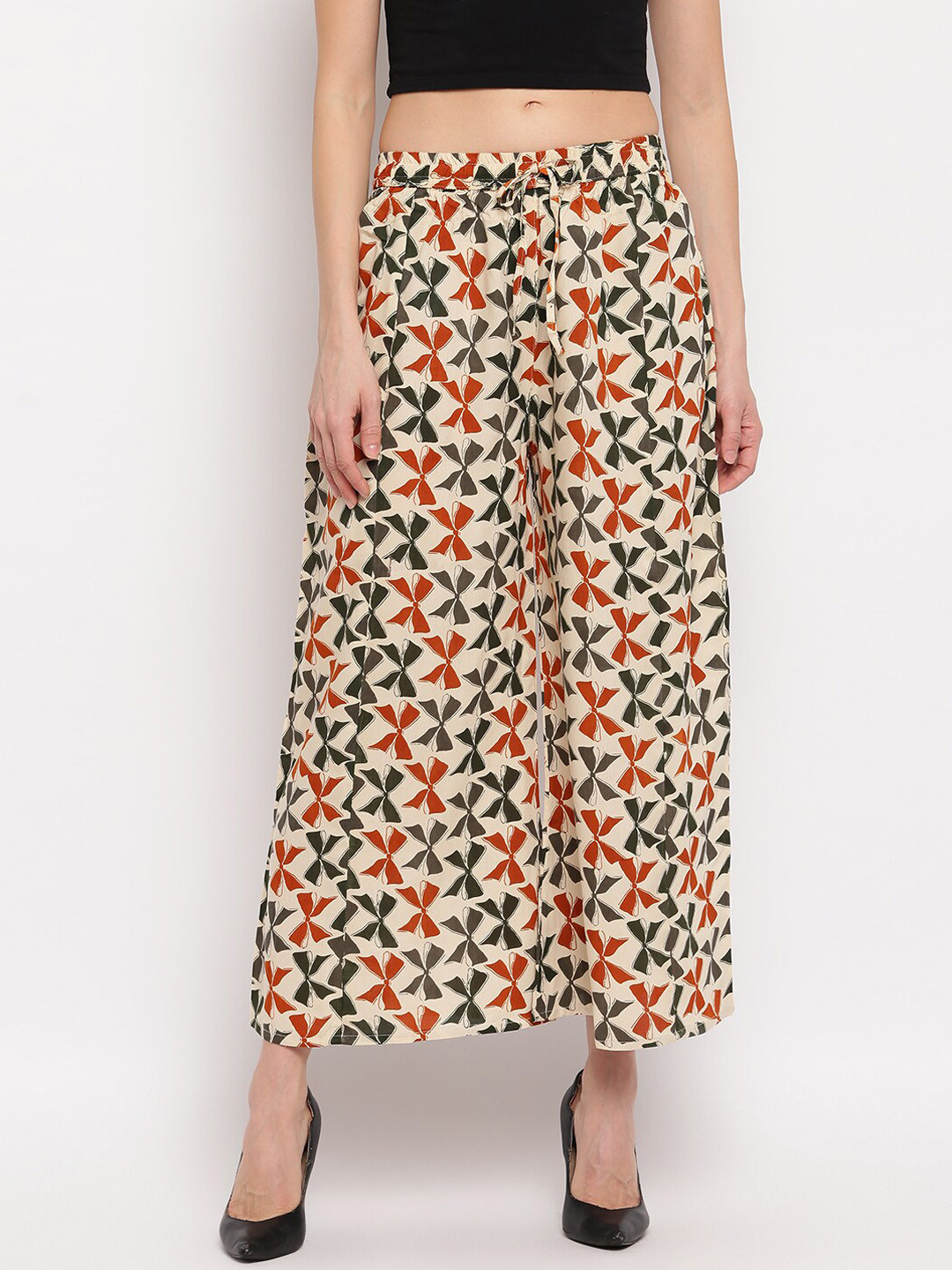 

Aawari Women Multicoloured Floral Printed High-Rise Parallel Trousers, Beige