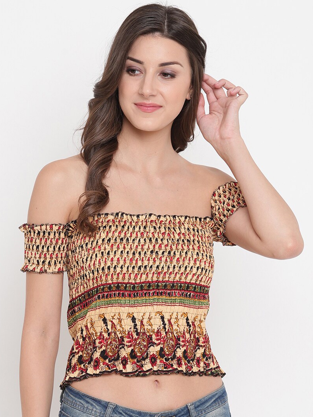 

Aawari Women Beige & Brown Floral Print Off-Shoulder Bardot Crop Top