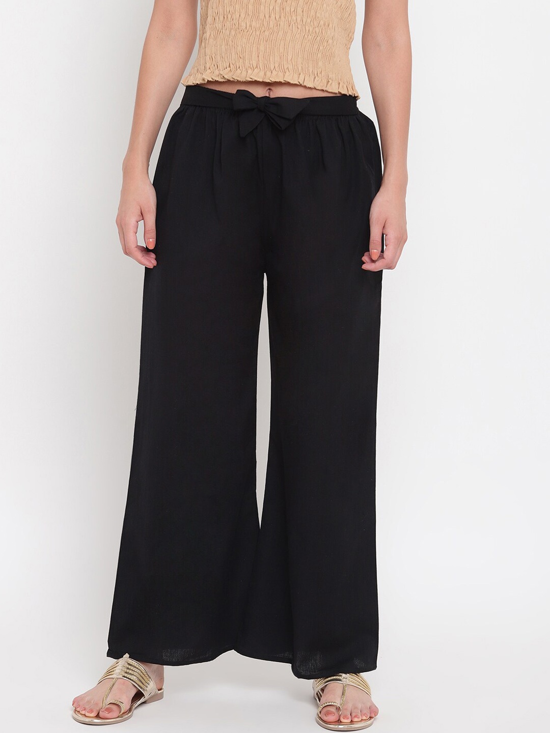 

Aawari Women Black Cotton High-Rise Pleated Parallel Trousers