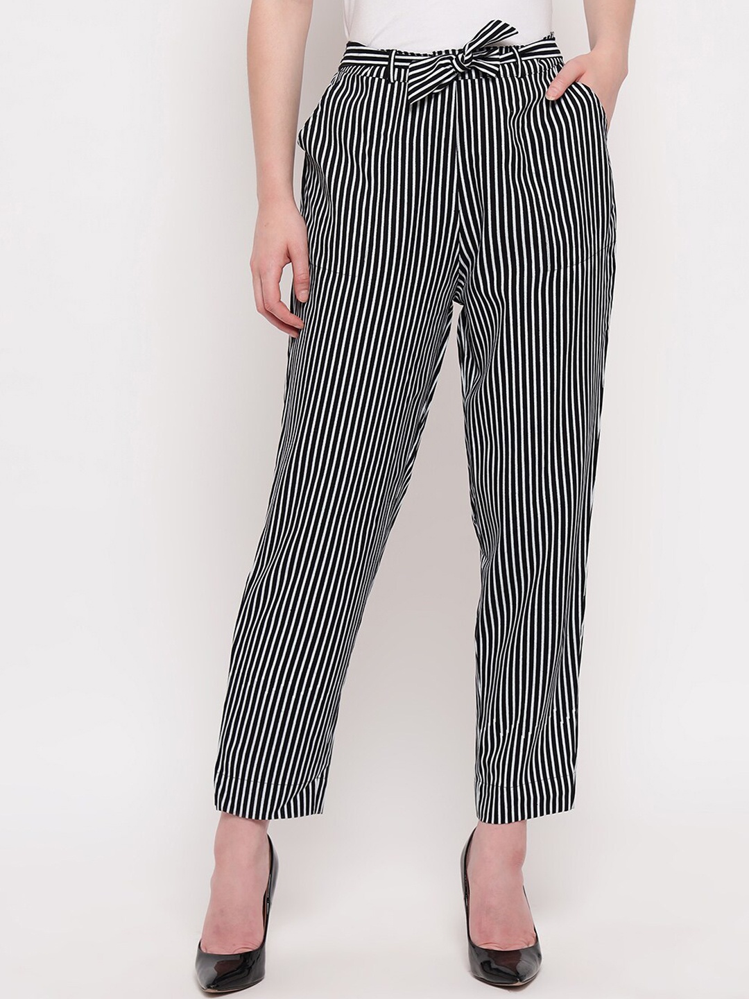 

Aawari Women Black Striped High-Rise Peg Trousers