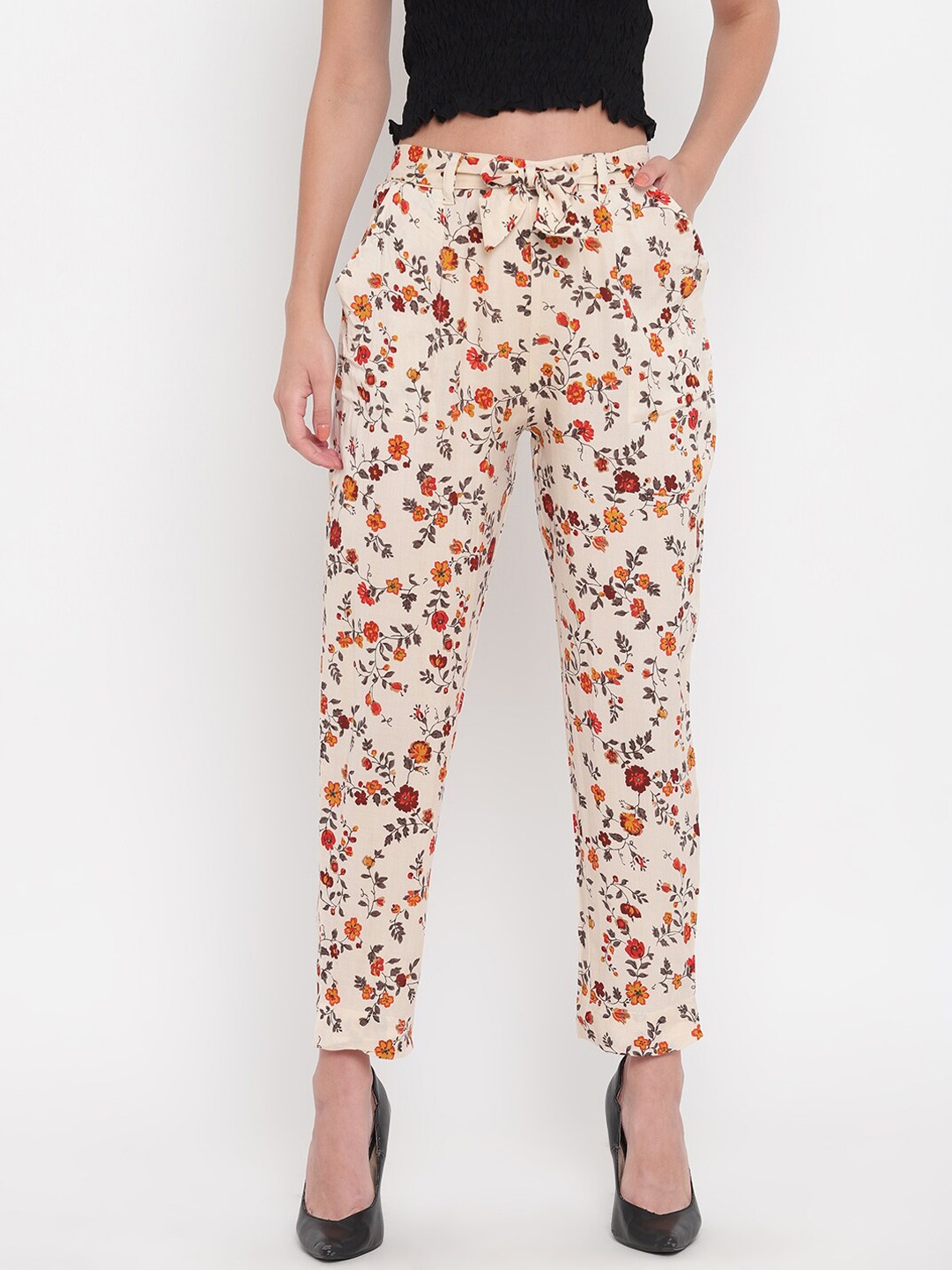 

Aawari Women Beige Floral Printed High-Rise Trousers