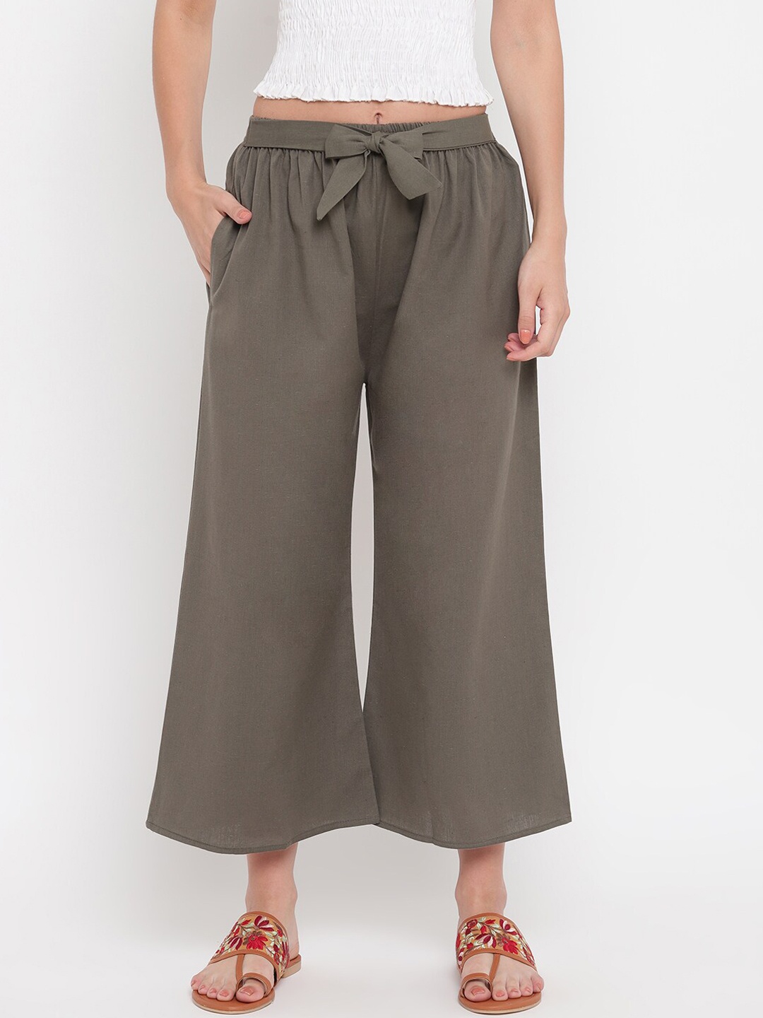 

Aawari Women Green Cotton High-Rise Pleated Parallel Trousers