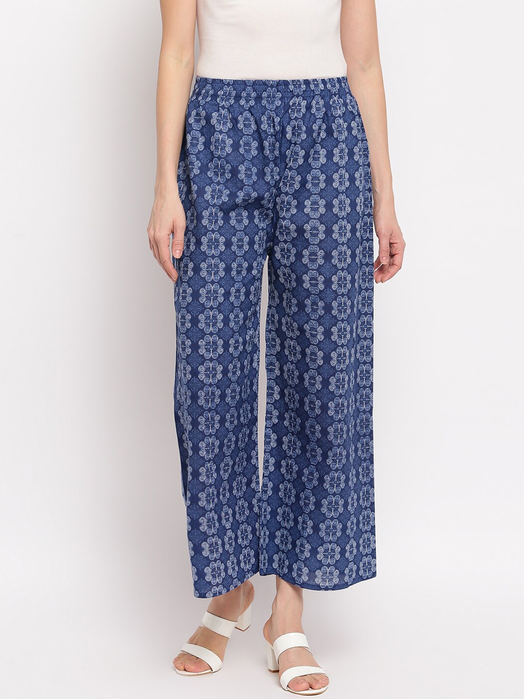 

Aawari Women Blue Ethnic Motifs Printed High-Rise Pleated Parallel Trousers