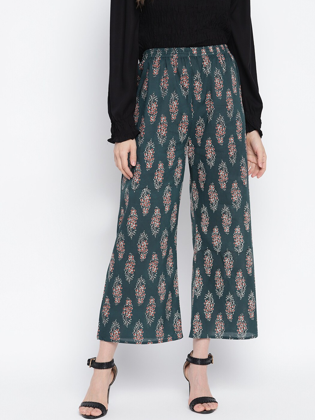 

Aawari Women Ethnic Motifs Printed High-Rise Trousers, Green
