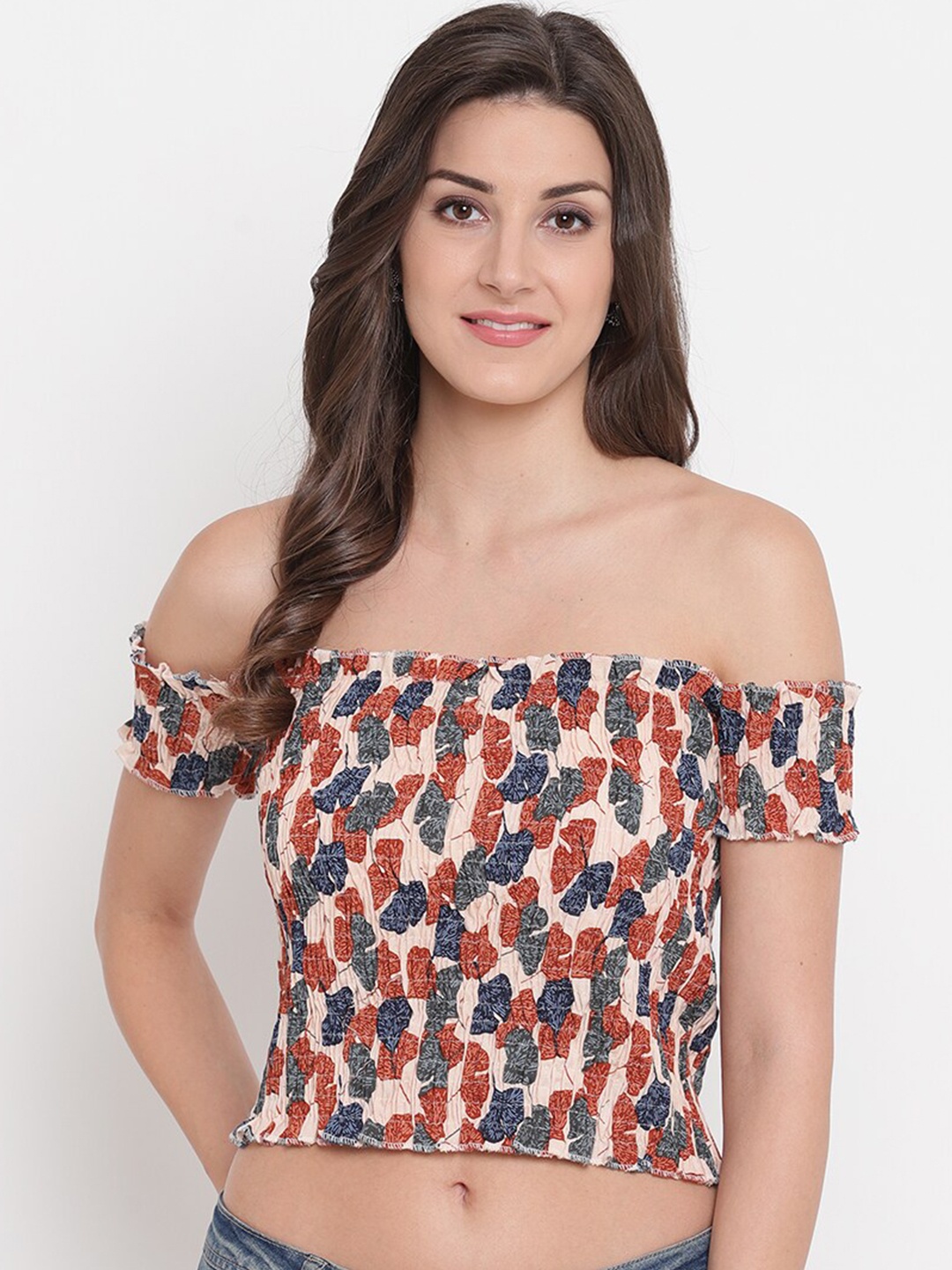 

Aawari Women Blue & Rust Floral Print Off-Shoulder Bardot Crop Top