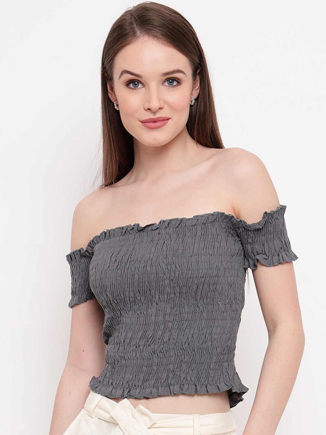 

Aawari Women Grey Off-Shoulder Bardot Crop Top