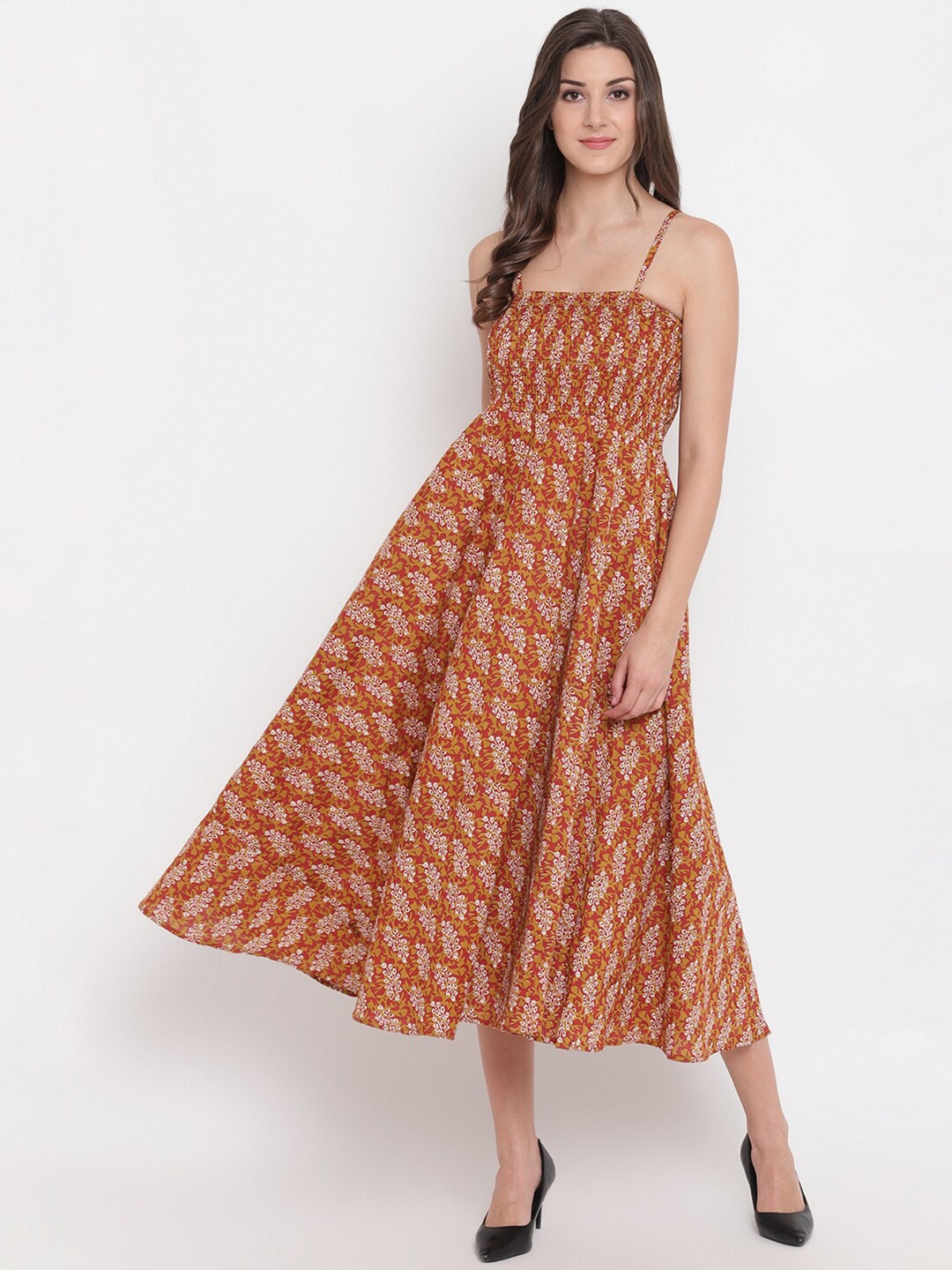 

Aawari Brown Ethnic Motifs Cotton A-Line Midi Dress