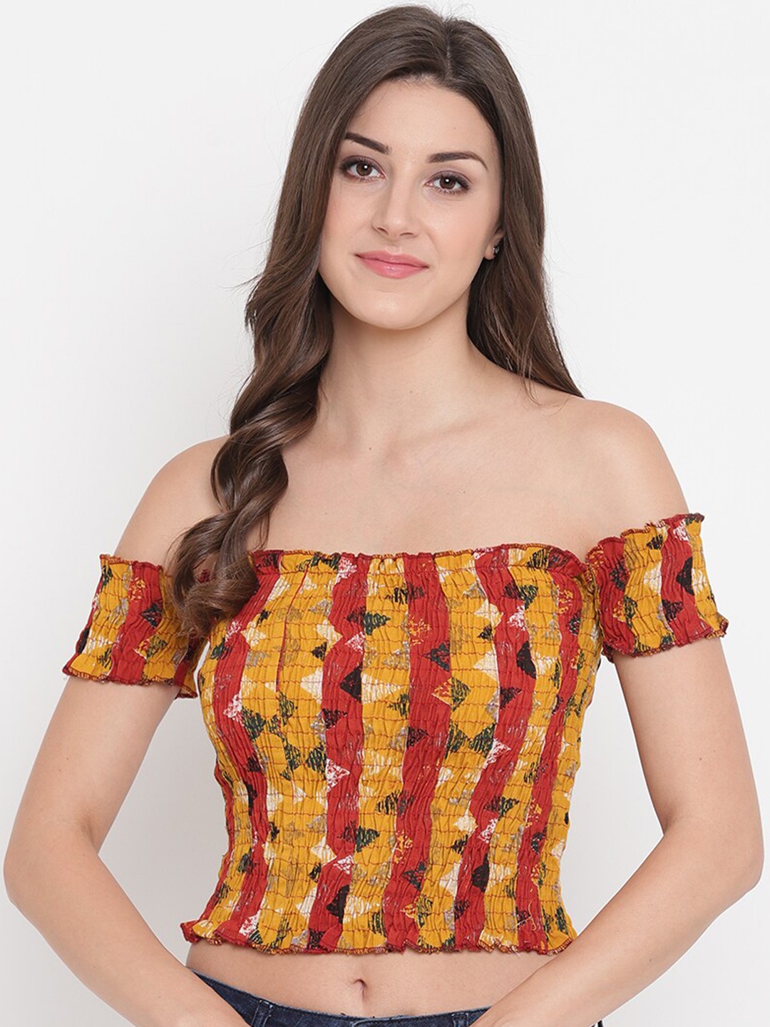 

Aawari Women Red & Yellow Geometric Print Off-Shoulder Bardot Crop Top