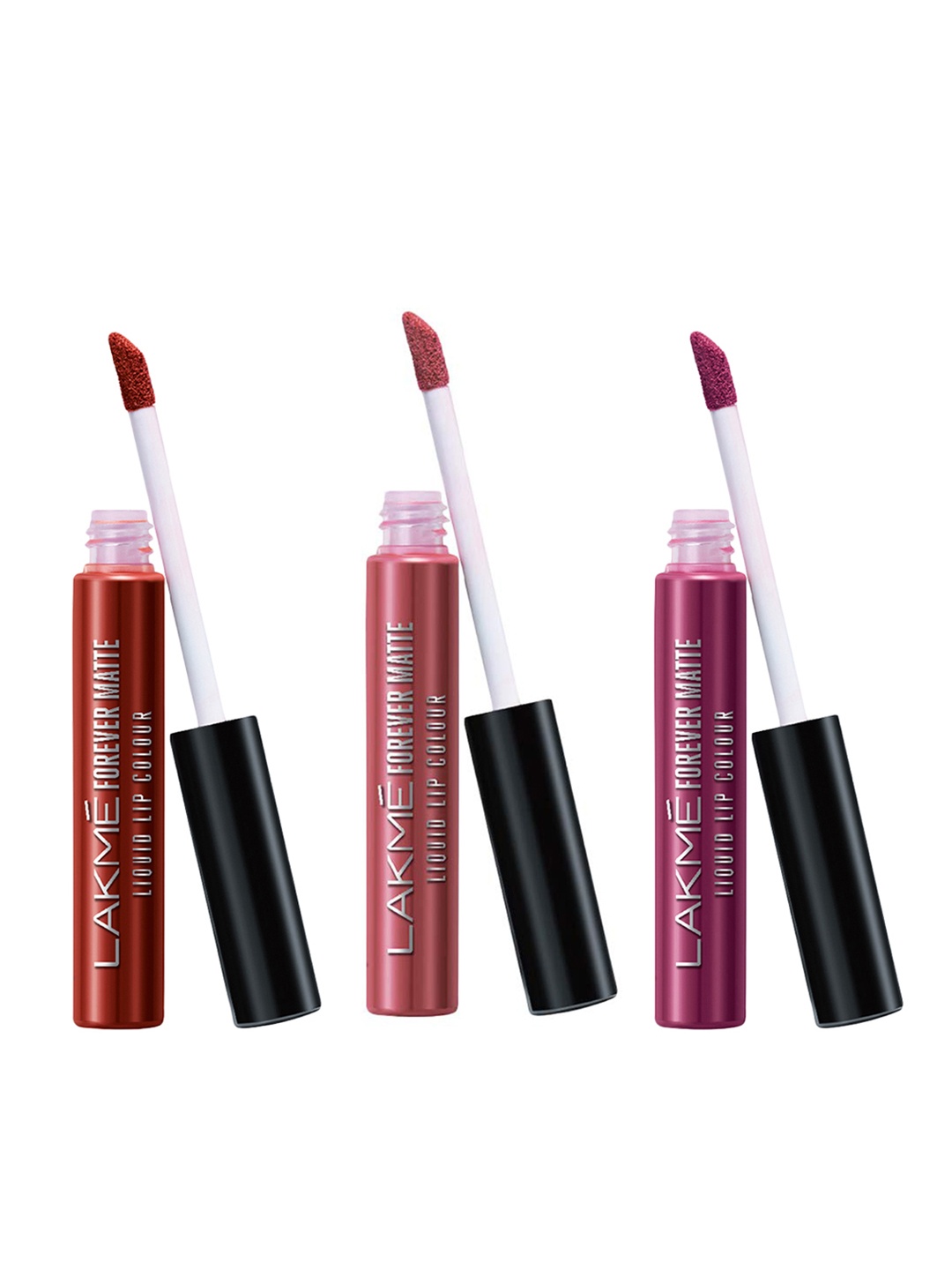 

Lakme Set of 3 Forever Matte Liquid Lip Colour 5.6ml Each-Red Cherry,Wine Glow,Pink Ballet, Brown