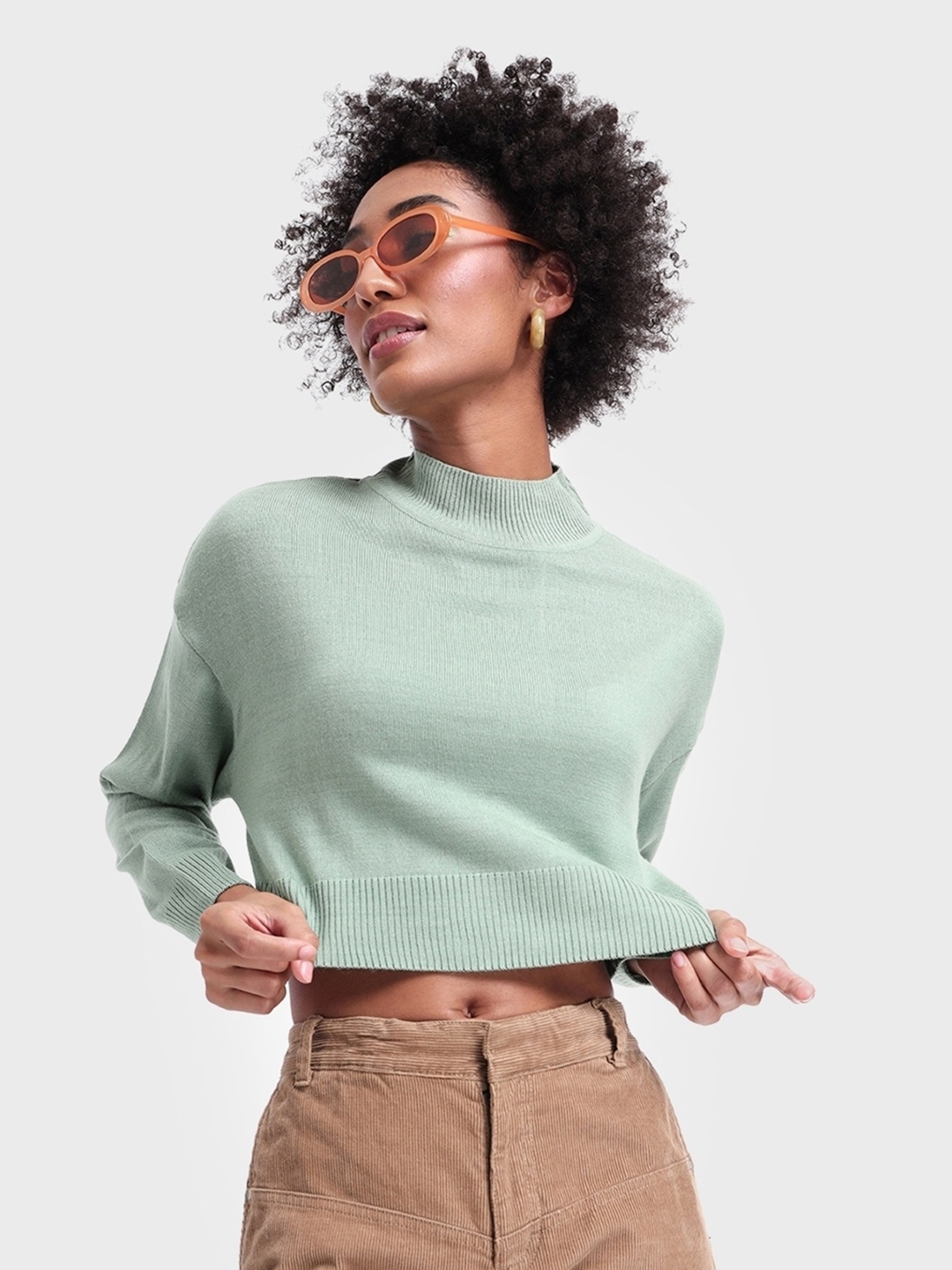 

Bewakoof Women High Neck Oversized Crop Sweater, Green