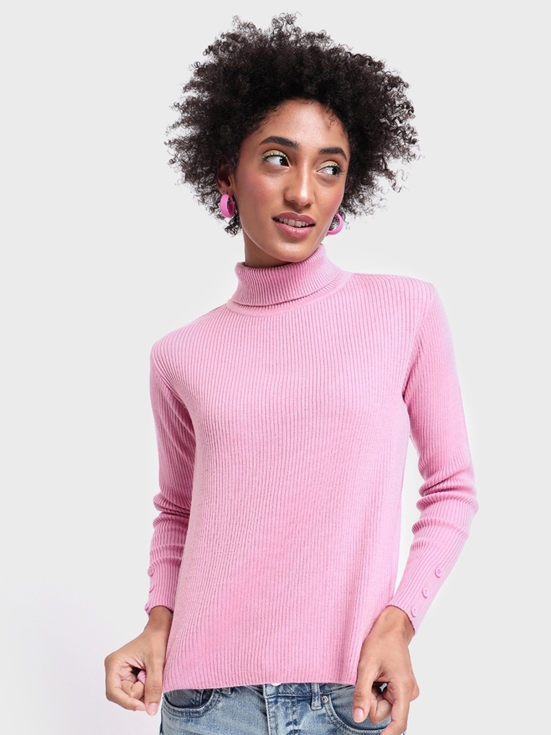 

Bewakoof Women High Neck Sweater, Pink