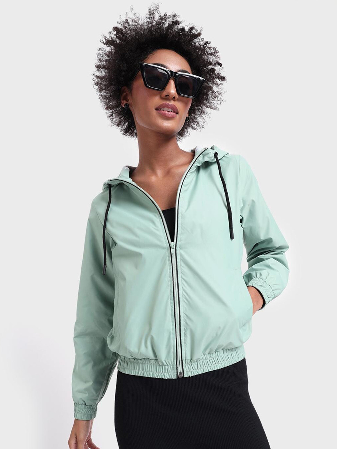 

Bewakoof Women Sea Green Sold Nylon Windcheater Bomber Jacket