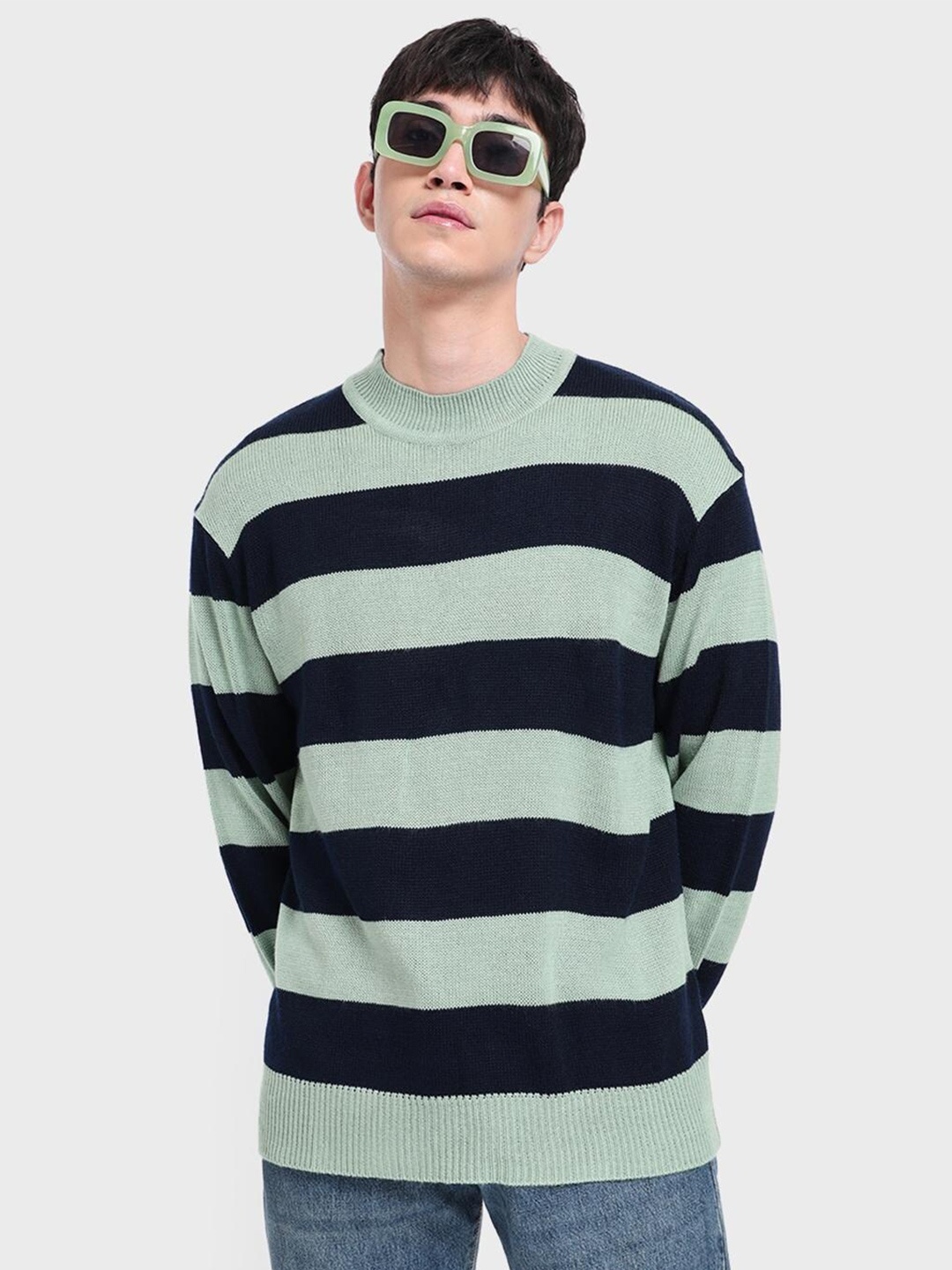 

Bewakoof Men Sage Striped Oversized Sweater, Green