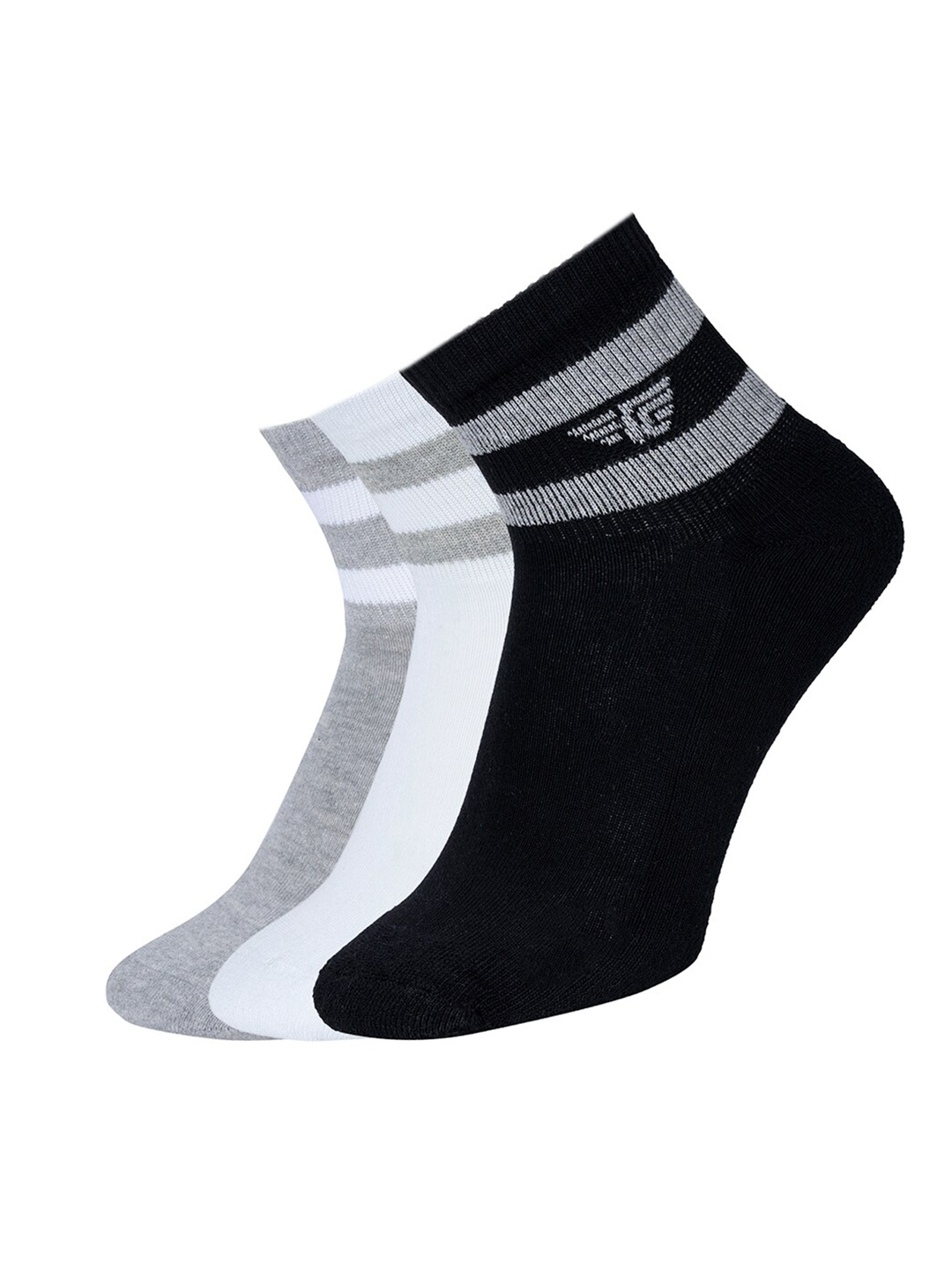 

Red Tape Men Pack Of 3 Black Grey & White Stripe Ankle Length Socks