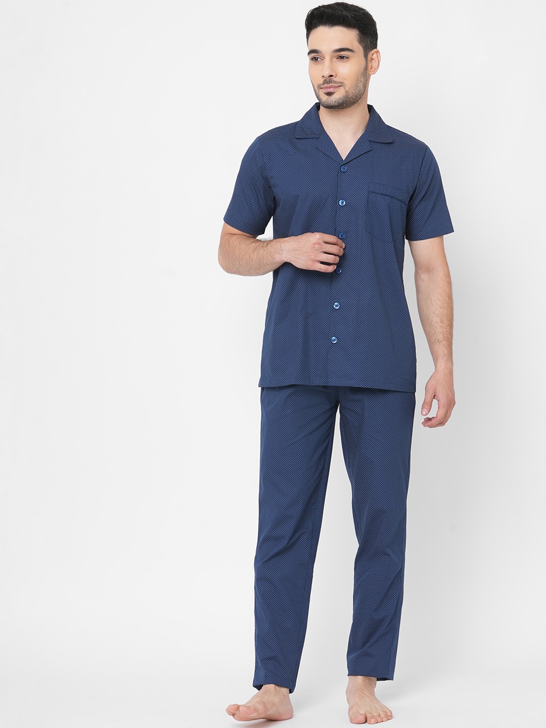 

Sweet Dreams Men Navy Blue & White Printed Night suit