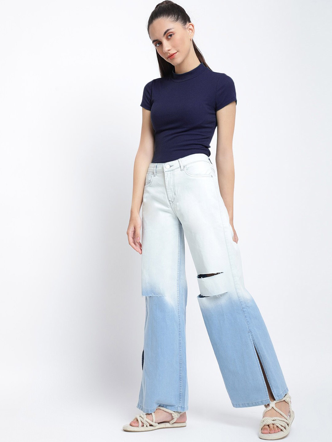

TALES & STORIES Women Blue Flared Slash Knee Stretchable Jeans