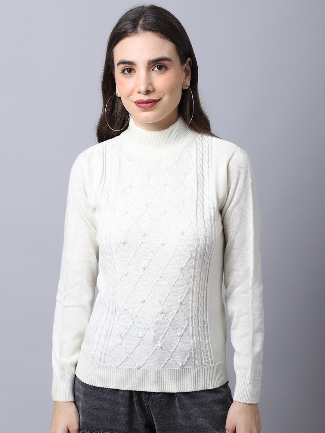 

Cantabil Women Off White Cable Knit Pullover