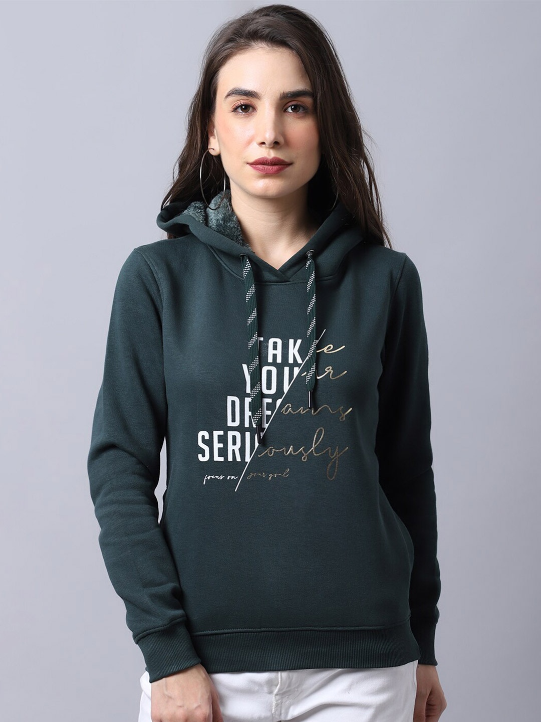 

Cantabil Women Green Printed Hooded Fleece Sweatshirt