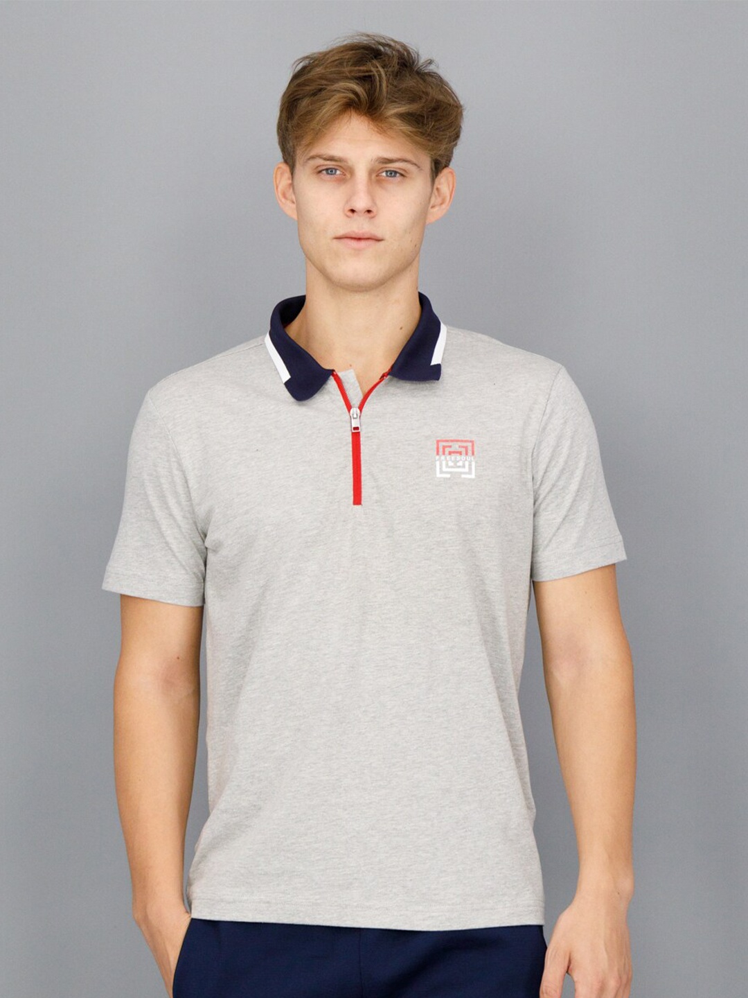 

FREESOUL Men Grey & Navy Blue Brand Logo Cotton Polo Collar T-shirt