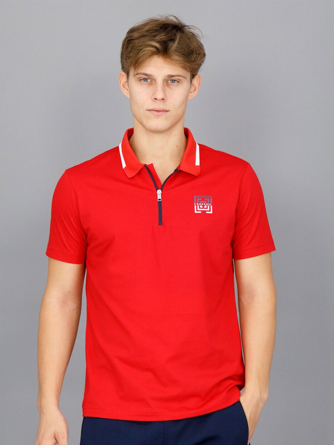 

FREESOUL Men Red Brand Logo Polo Collar T-shirt