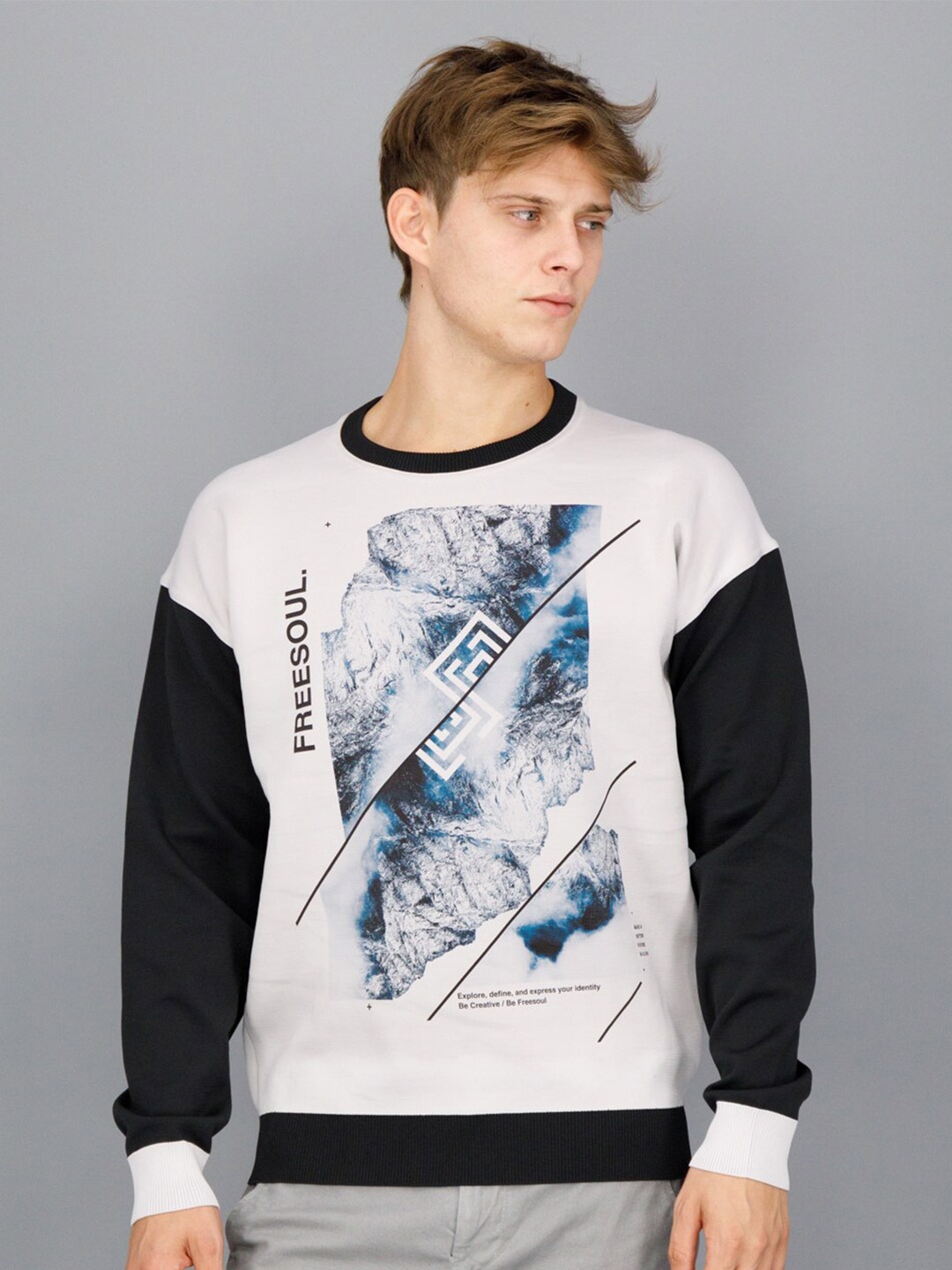 

FREESOUL Men Off White & Black Printed Polyester Sweatshirt