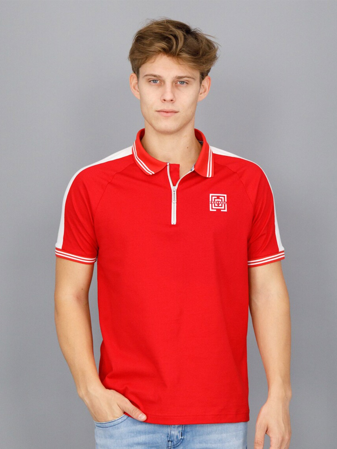 

FREESOUL Men Red Polo Collar T-shirt