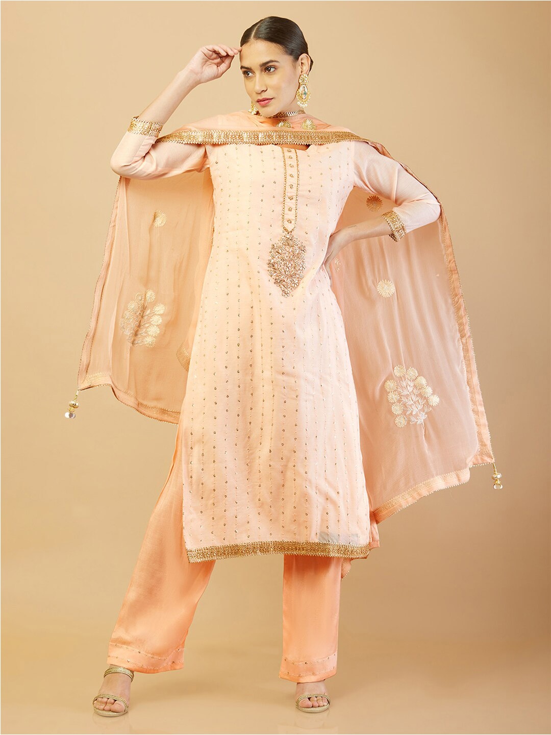 

Soch Peach-Coloured & Gold-Toned Embroidered Unstitched Dress Material