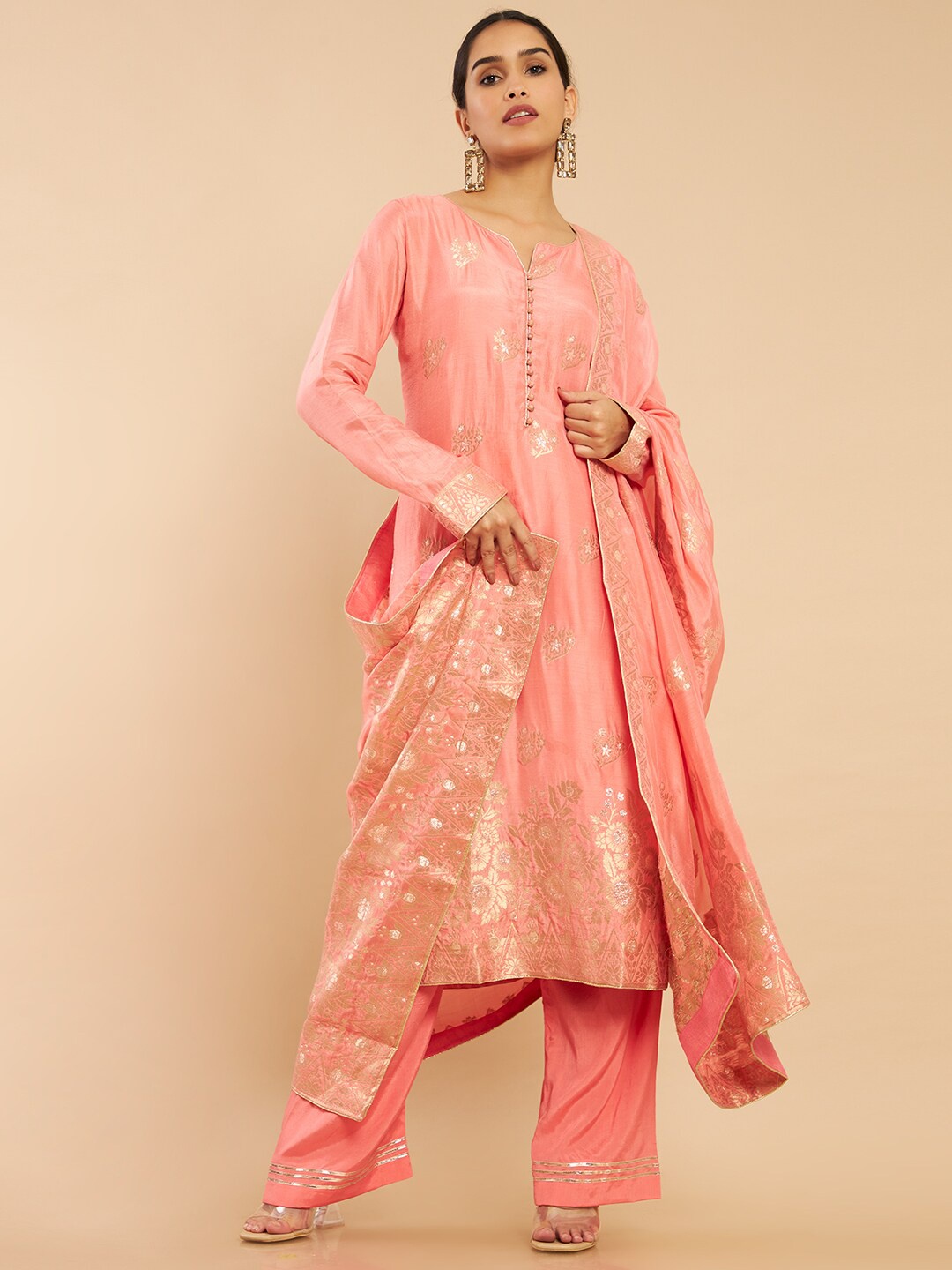 

Soch Pink & Gold-Toned Printed Silk Crepe Unstitched Dress Material