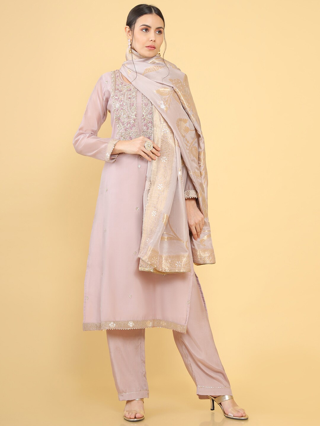 

Soch Pink & Gold-Toned Embroidered Unstitched Dress Material