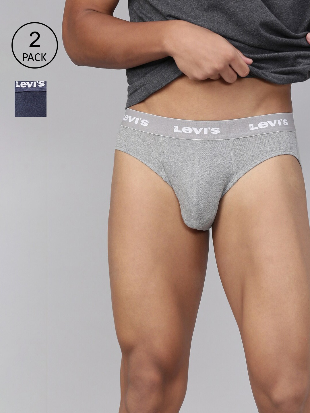 

Levis Men Pack of 2 Navy Blue & Grey Pure Cotton Solid Briefs#069, Grey melange