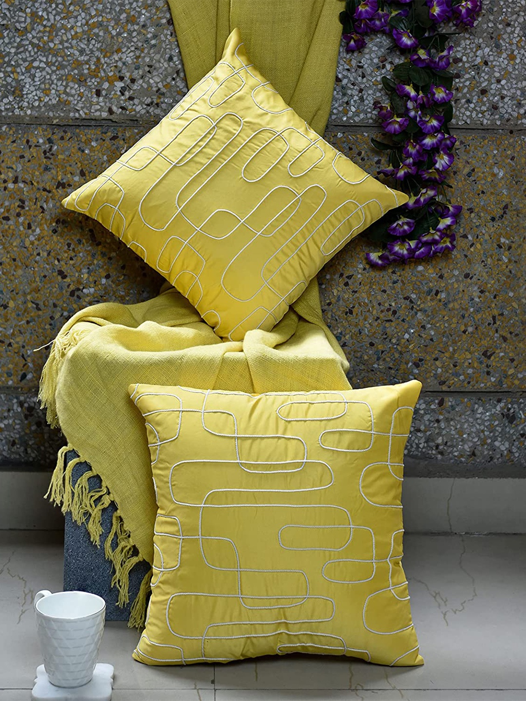 

aRDENMEAD Set of 2 Embroidered Square Cushion Covers, Yellow