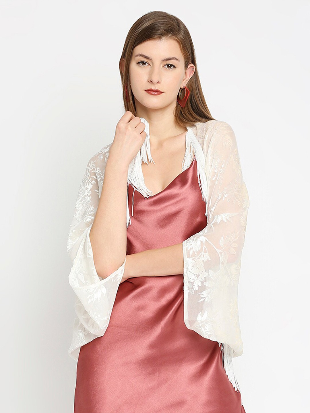 

Cloth Haus India Women White Embroidered Open Front Regular Shrug