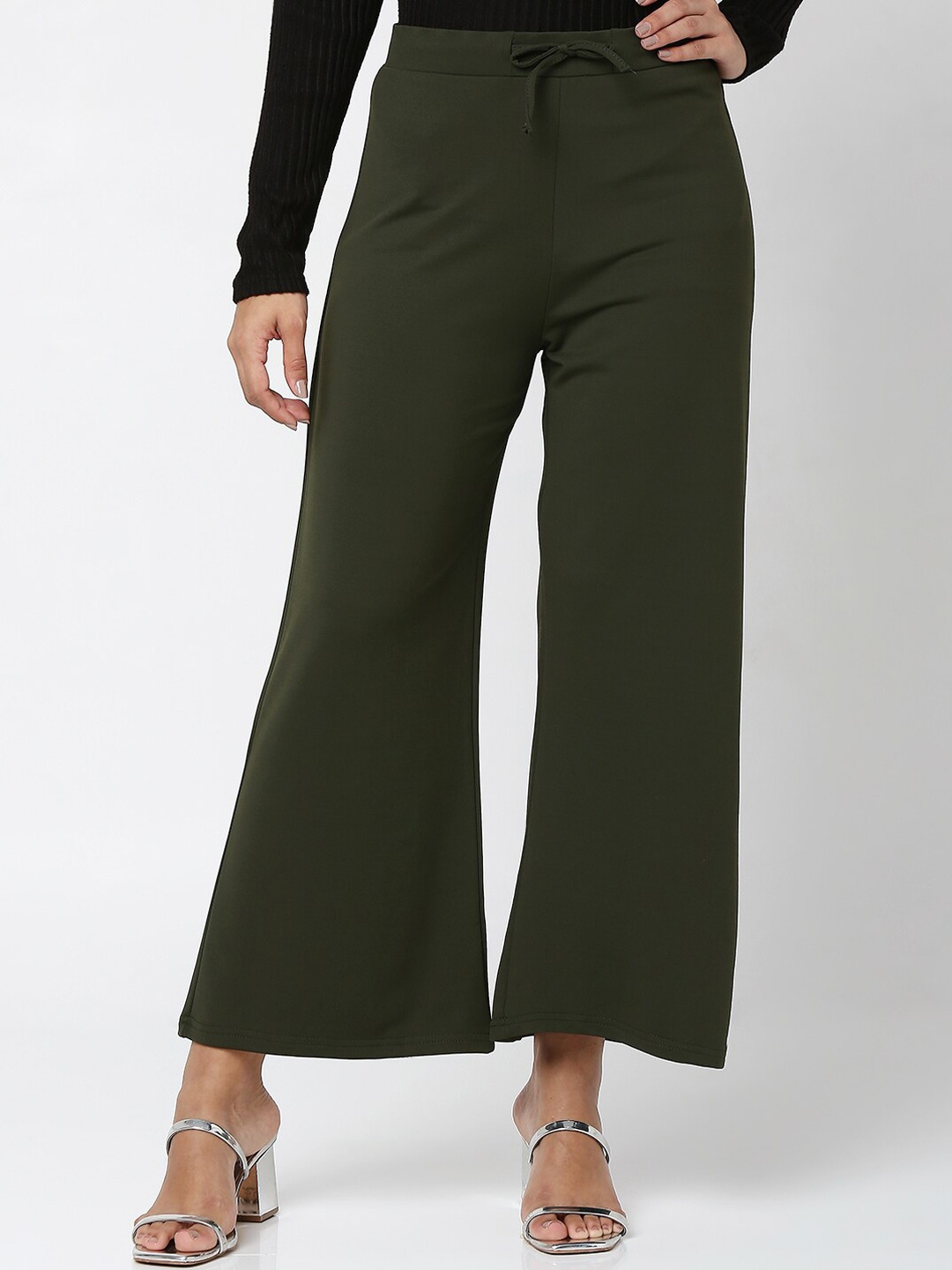 

Smarty Pants Women Olive Green Relaxed Straight Leg Flared Easy Wash Cotton Trousers