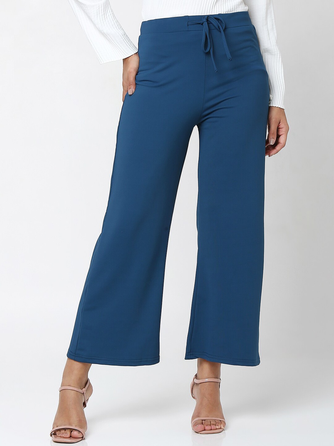 

Smarty Pants Women Teal Relaxed Straight Leg Flared Easy Wash Cotton Trousers